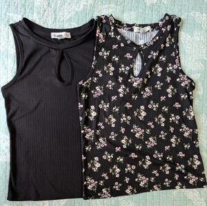 Pair of Eye Candy Black and Floral Tank Tops. Sizes M, L.